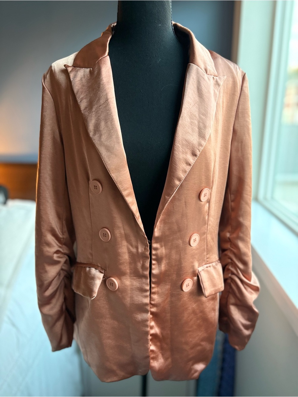 Audrey 3+1 Satin Double-Breasted Blazer in Copper Brown Ruched Sleeves